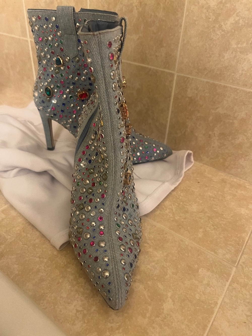 Denim Rhinestone Ankle Boots